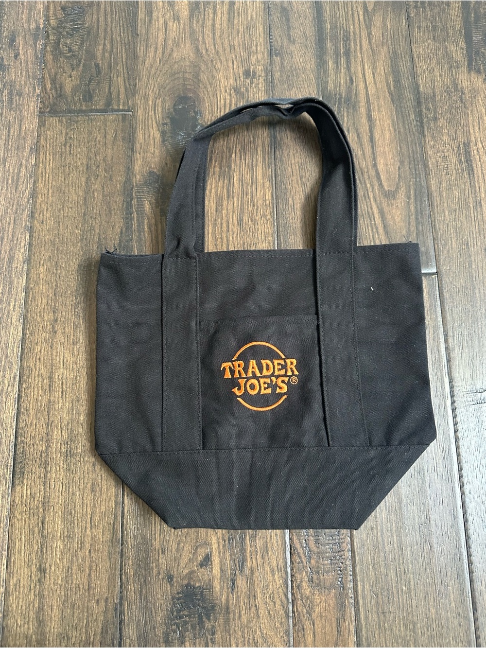 Trader Joe’s Black Mini Canvas Tote Bag – Orange Logo Reusable Bag